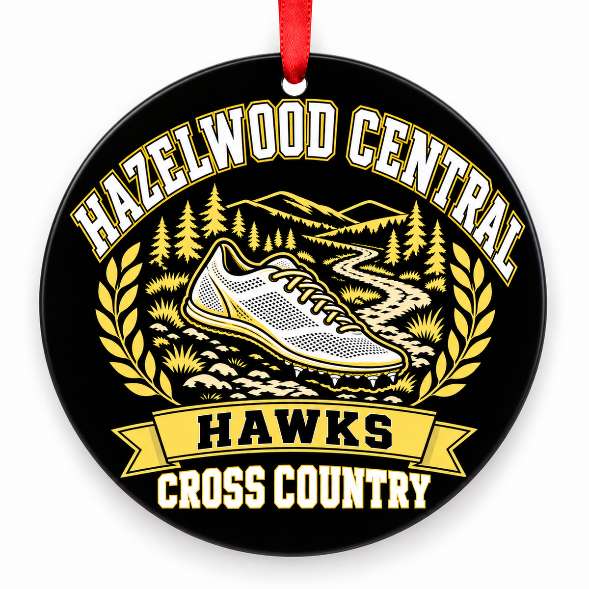 Hazelwood Central High School Hawks Cross Country Christmas ornament — Design 1 — black and gold with red ribbon