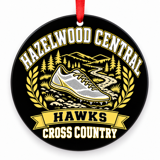 Hazelwood Central High School Hawks Cross Country Christmas ornament — Design 1 — black and gold with red ribbon