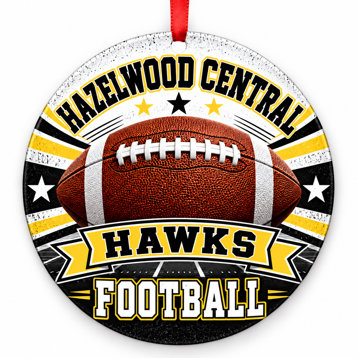Hazelwood Central High School Hawks Classic Football Christmas ornament in black and gold with red ribbon