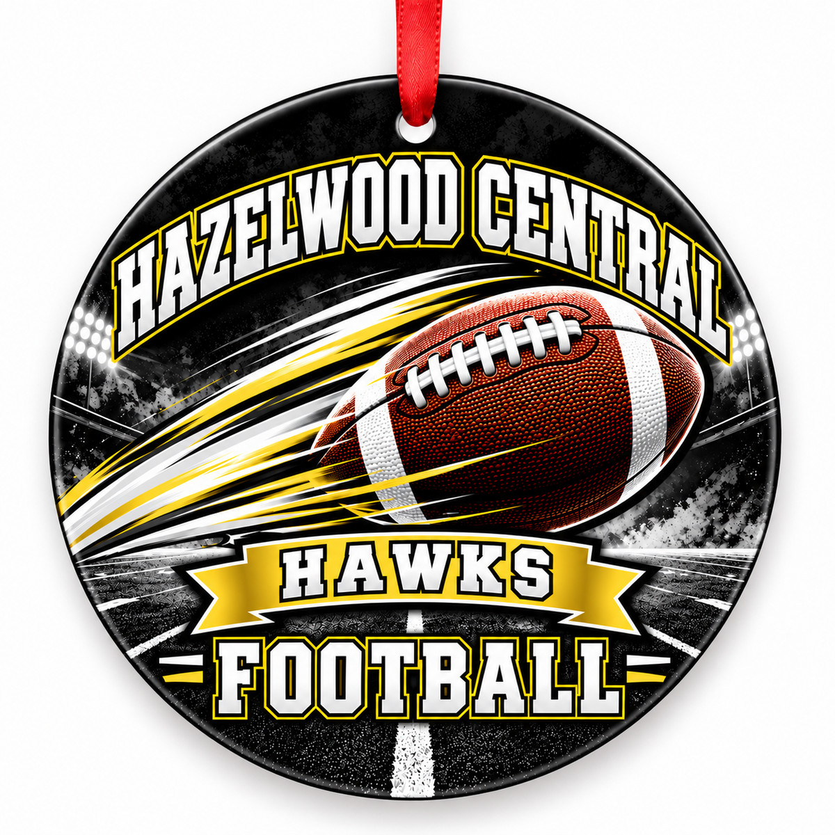 Hazelwood Central High School Hawks Football Christmas ornament — Football in Motion — black and gold with red ribbon