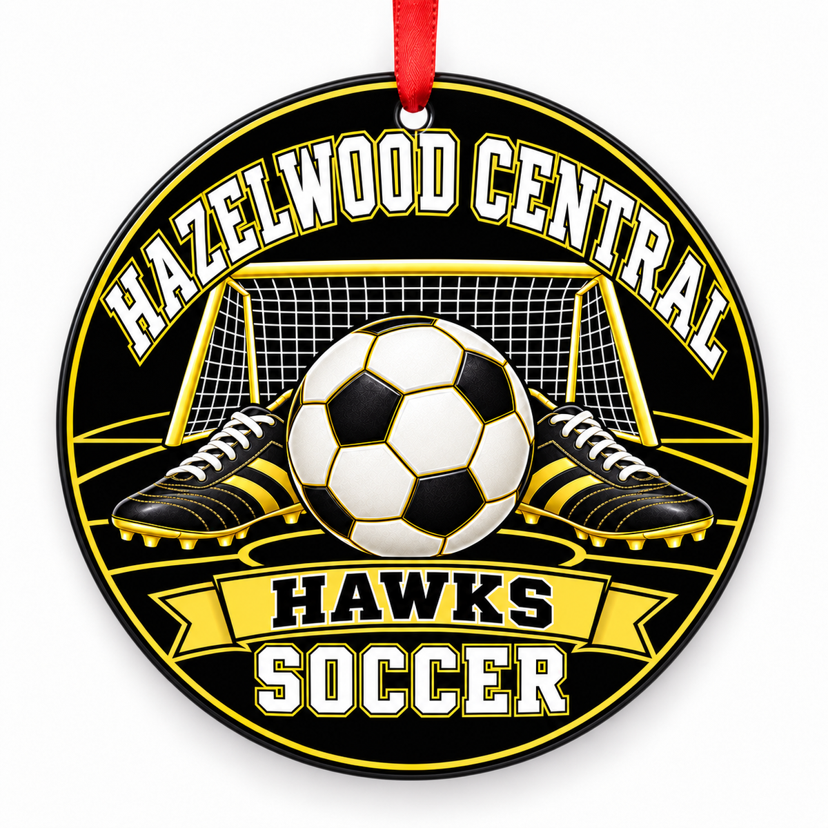 Hazelwood Central High School Hawks Soccer Christmas ornament — Original Design — black and gold with red ribbon
