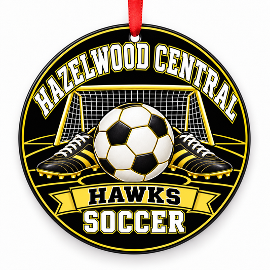 Hazelwood Central High School Hawks Soccer Christmas ornament — Original Design — black and gold with red ribbon
