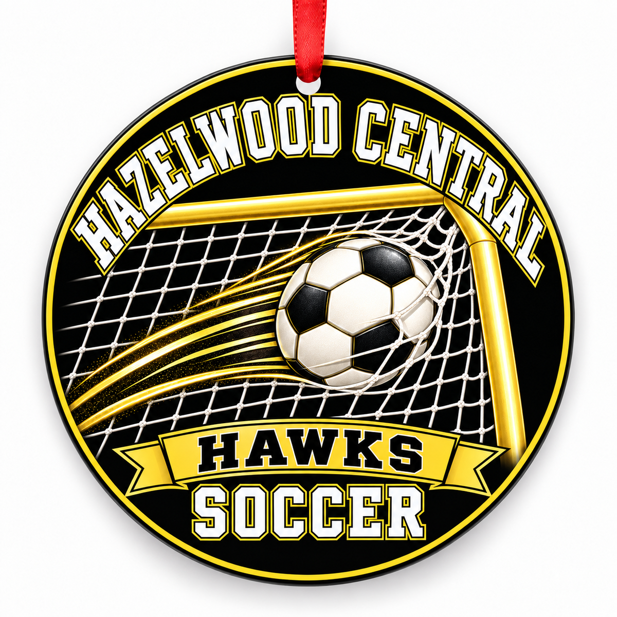 Hazelwood Central High School Hawks Soccer Christmas ornament — Ball and Goal — black and gold with red ribbon