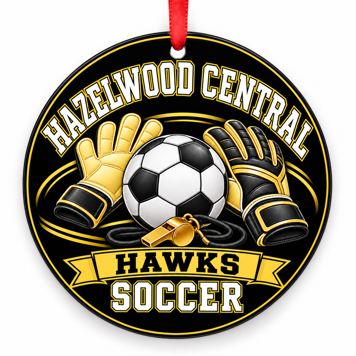 Hazelwood Central High School Hawks Soccer Christmas ornament — Goalkeeper Gear — black and gold with red ribbon