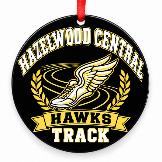 Hazelwood Central High School Hawks Track Christmas ornament — Original Design — black and gold with red ribbon