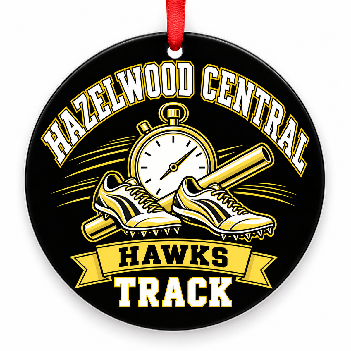 Hazelwood Central High School Hawks Track Christmas ornament — Stopwatch and Spikes — black and gold with red ribbon