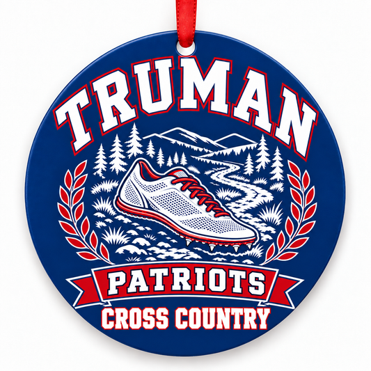 Truman High School Patriots Cross Country Christmas ornament — Design 1 — red, white and blue with red ribbon