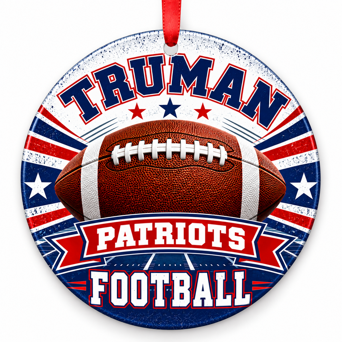 Truman High School Patriots Classic Football Christmas ornament in red, white and blue with red ribbon