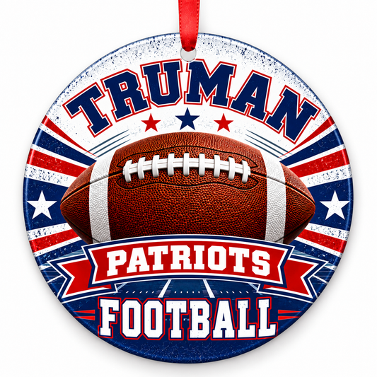 Truman High School Patriots Classic Football Christmas ornament in red, white and blue with red ribbon