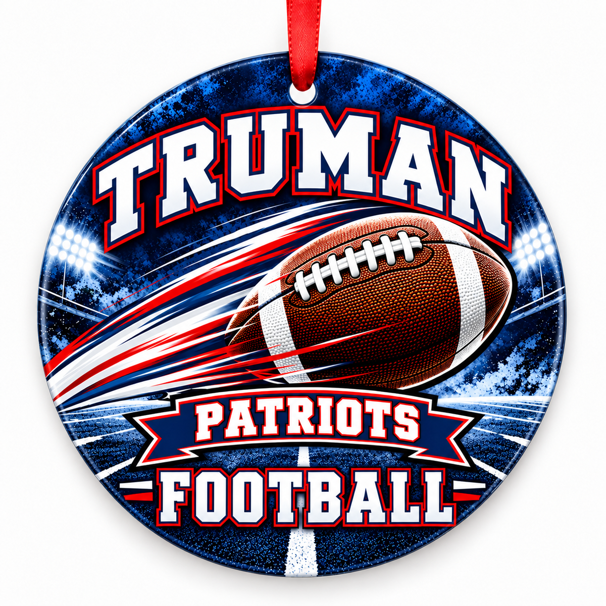 Truman High School Patriots Football Christmas ornament — Football in Motion — red, white and blue with red ribbon