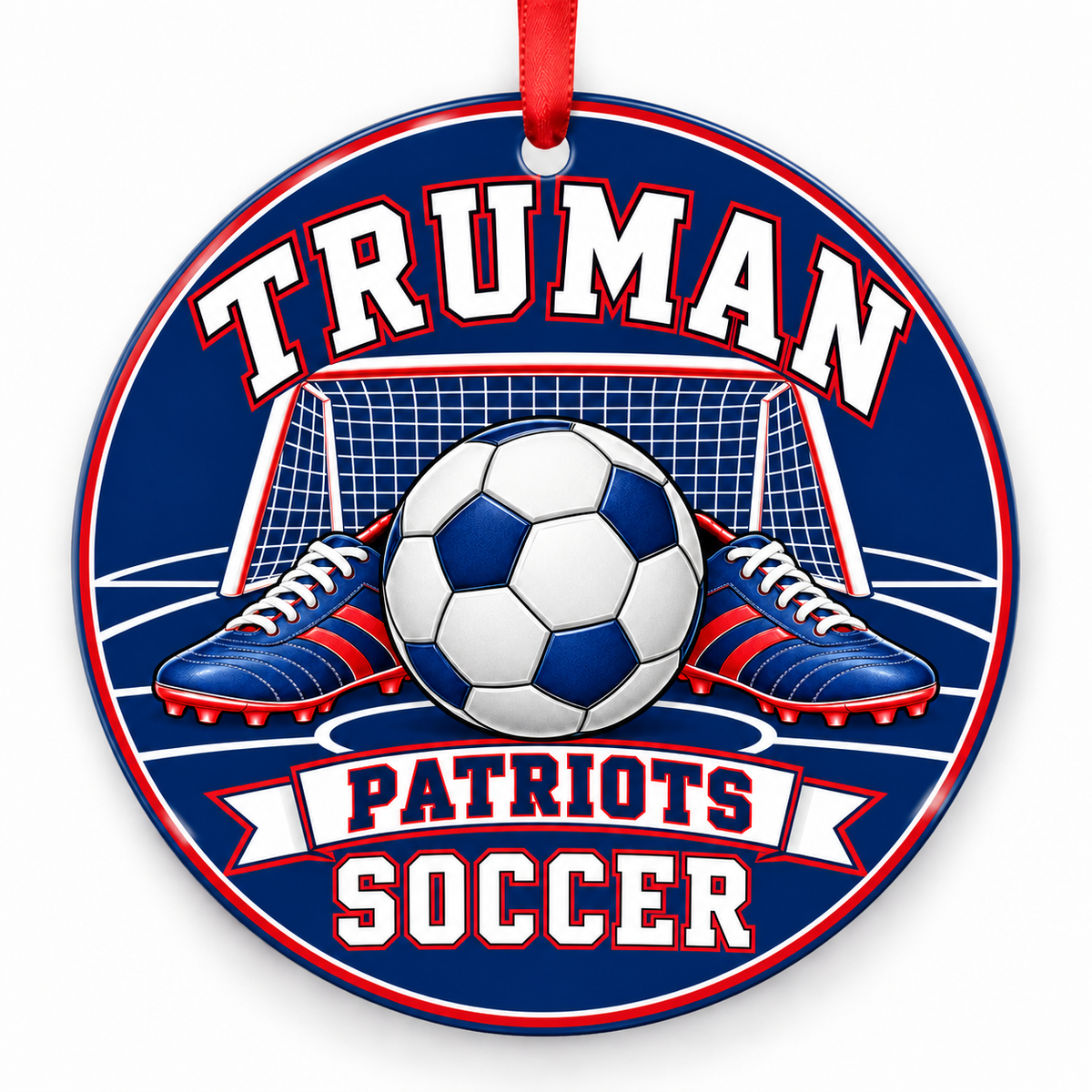 Truman High School Patriots Soccer Christmas ornament — Original Design — red, white and blue with red ribbon
