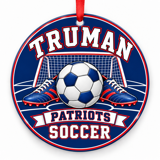 Truman High School Patriots Soccer Christmas ornament — Original Design — red, white and blue with red ribbon