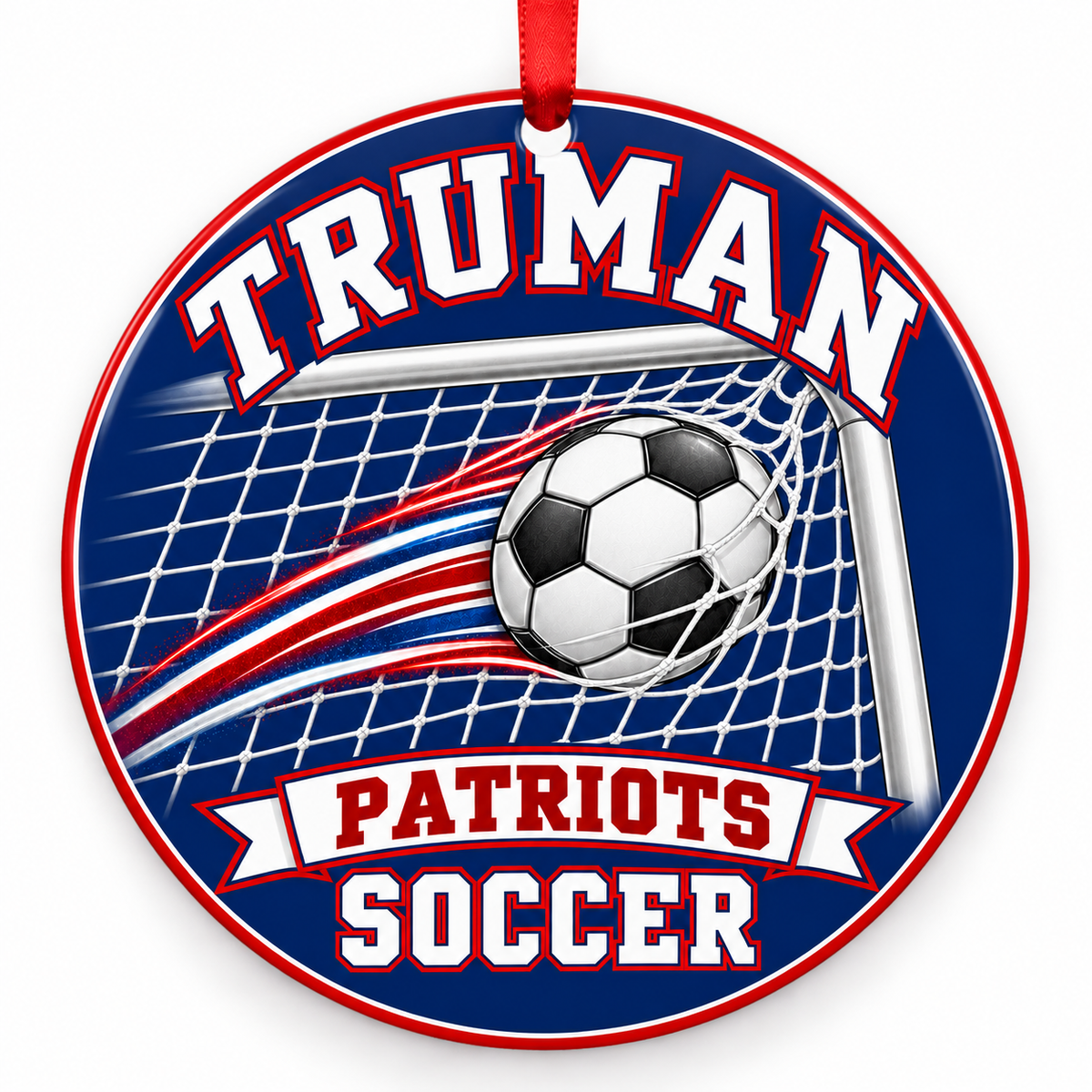 Truman High School Patriots Soccer Christmas ornament — Ball and Goal — red, white and blue with red ribbon