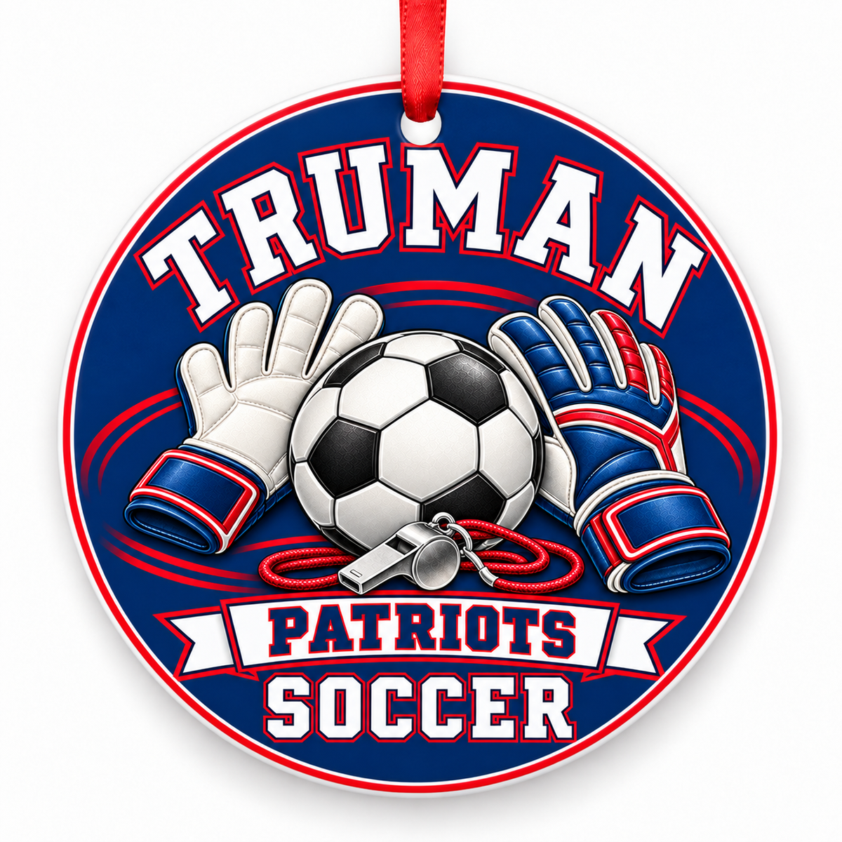 Truman High School Patriots Soccer Christmas ornament — Goalkeeper Gear — red, white and blue with red ribbon