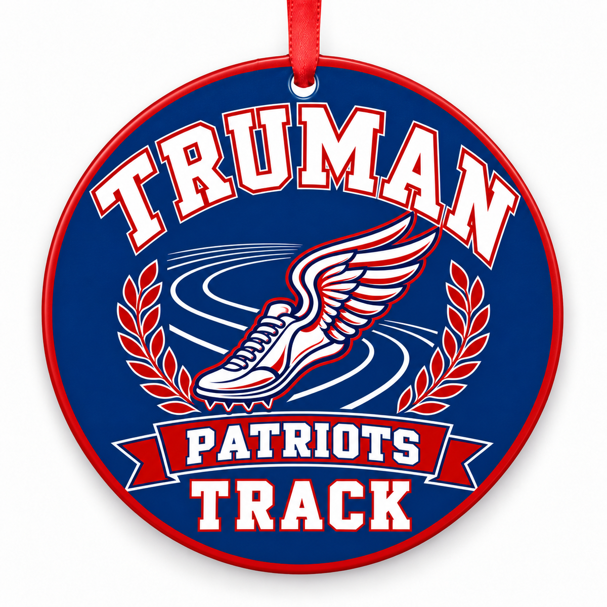 Truman High School Patriots Track Christmas ornament — Original Design — red, white and blue with red ribbon