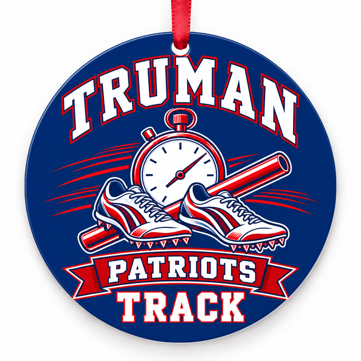 Truman High School Patriots Track Christmas ornament — Stopwatch and Spikes — red, white and blue with red ribbon