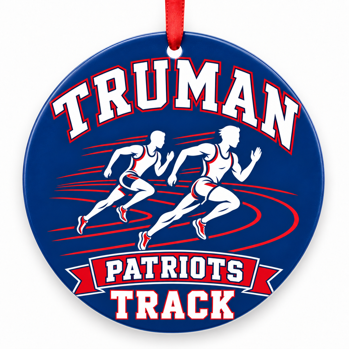 Truman High School Patriots Track Christmas ornament — Runners — red, white and blue with red ribbon