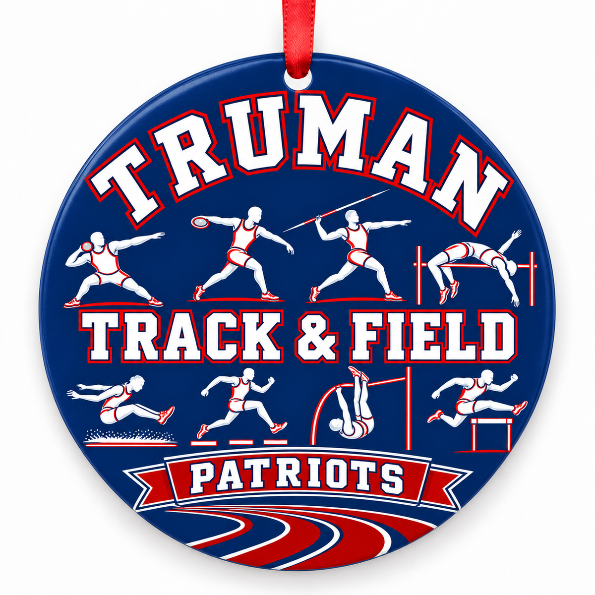 Truman High School Patriots Track Christmas ornament — Track and Field — red, white and blue with red ribbon