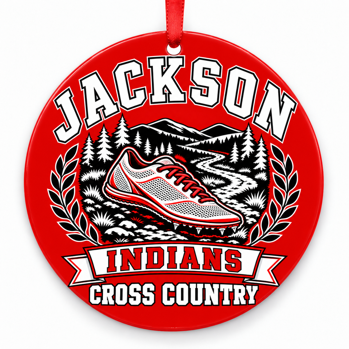 Jackson High School Indians Cross Country Christmas ornament — Design 1 — red and black with red ribbon