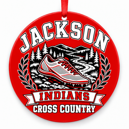 Jackson High School Indians Cross Country Christmas ornament — Design 1 — red and black with red ribbon
