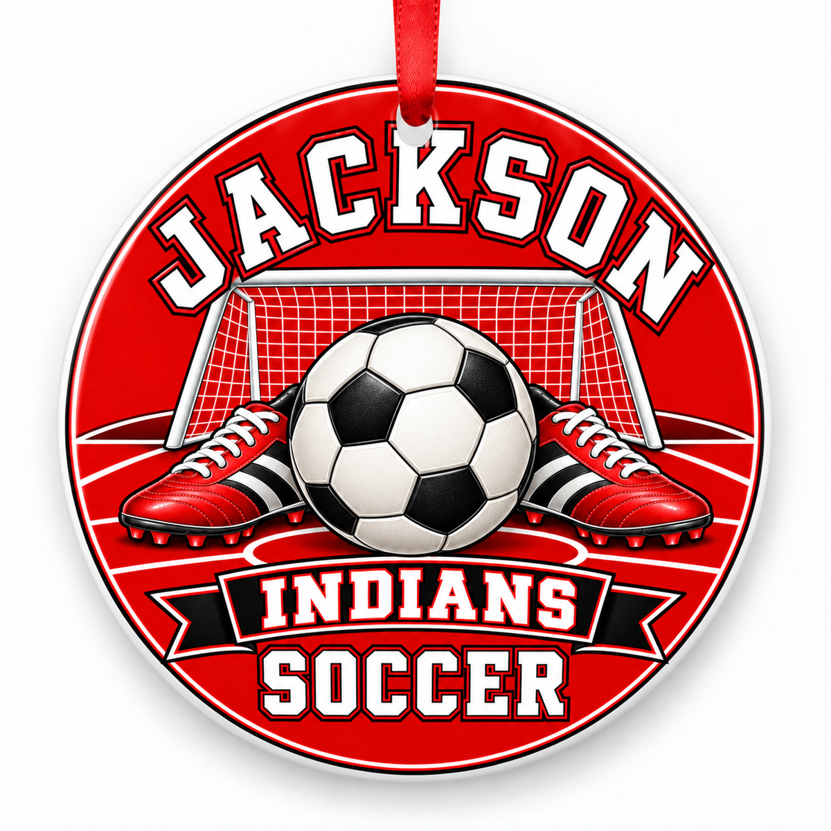 Jackson High School Indians Soccer Christmas ornament — Original Design — red and black with red ribbon