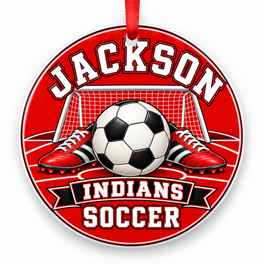 Jackson High School Indians Soccer Christmas ornament — Original Design — red and black with red ribbon
