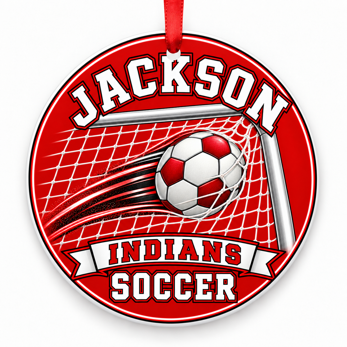 Jackson High School Indians Soccer Christmas ornament — Ball and Goal — red and black with red ribbon