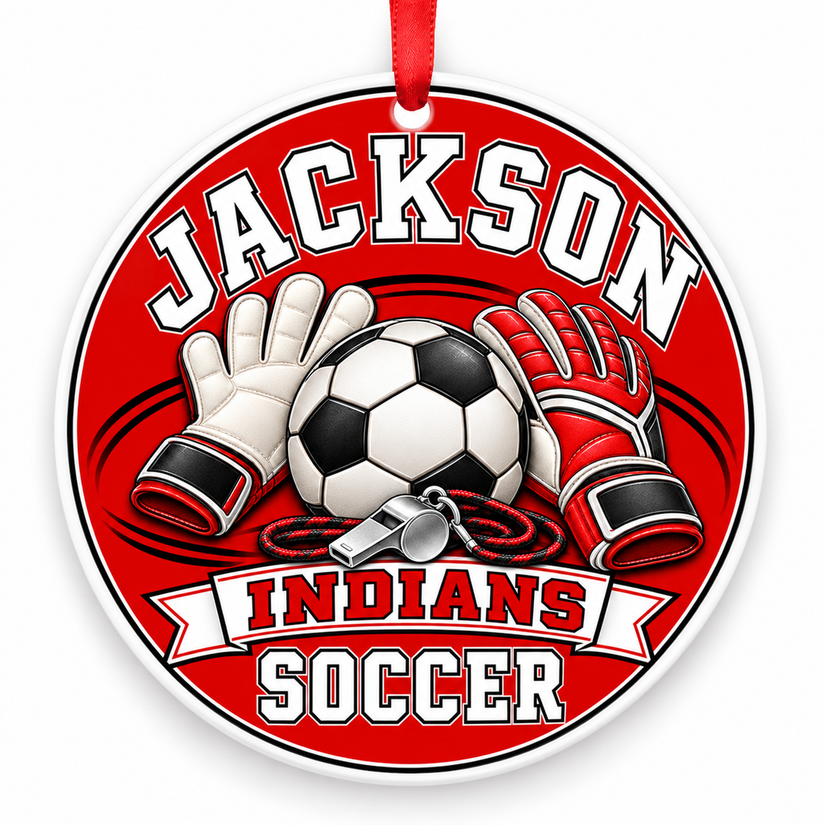 Jackson High School Indians Soccer Christmas ornament — Goalkeeper Gear — red and black with red ribbon