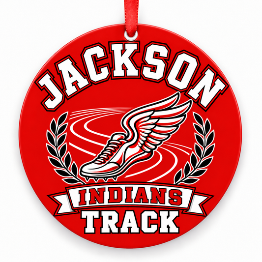 Jackson High School Indians Track Christmas ornament — Original Design — red and black with red ribbon