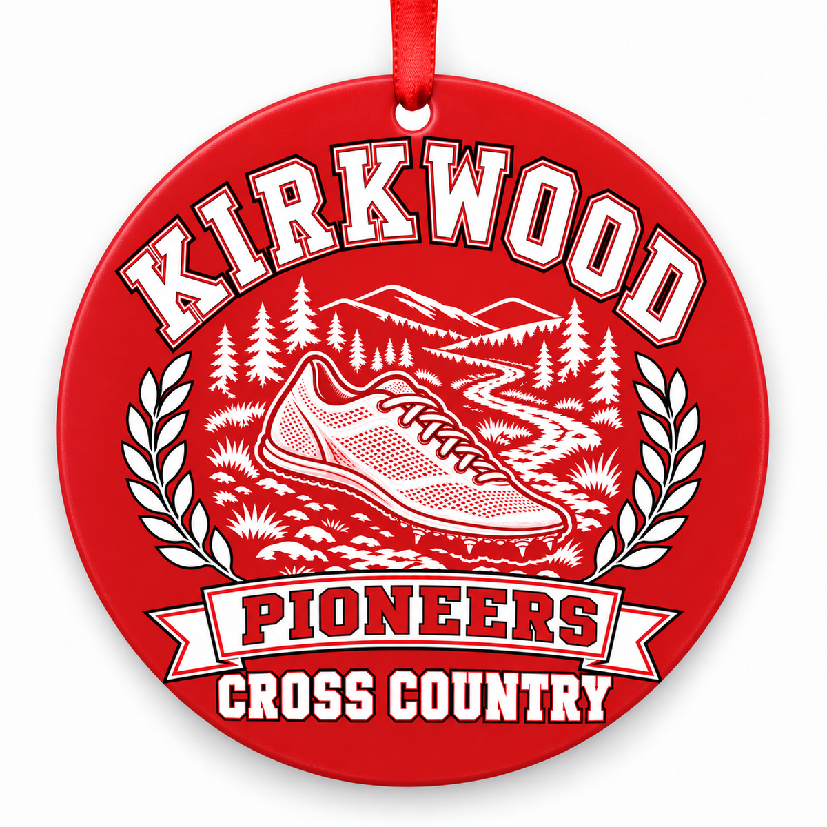 Kirkwood High School Pioneers Cross Country Christmas ornament — Design 1 — red and white with red ribbon