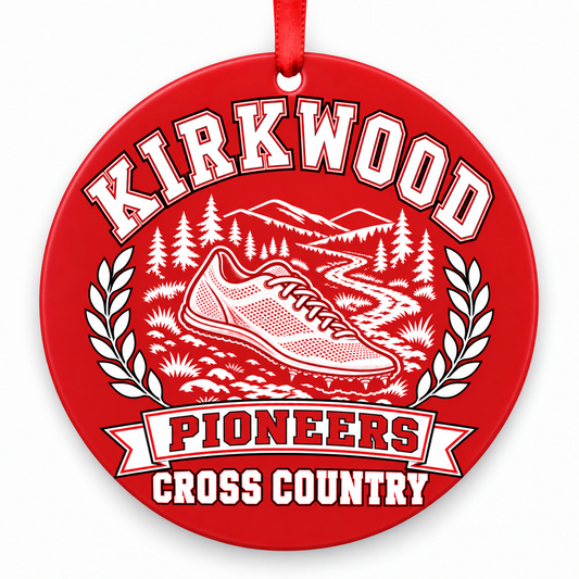 Kirkwood High School Pioneers Cross Country Christmas ornament — Design 1 — red and white with red ribbon