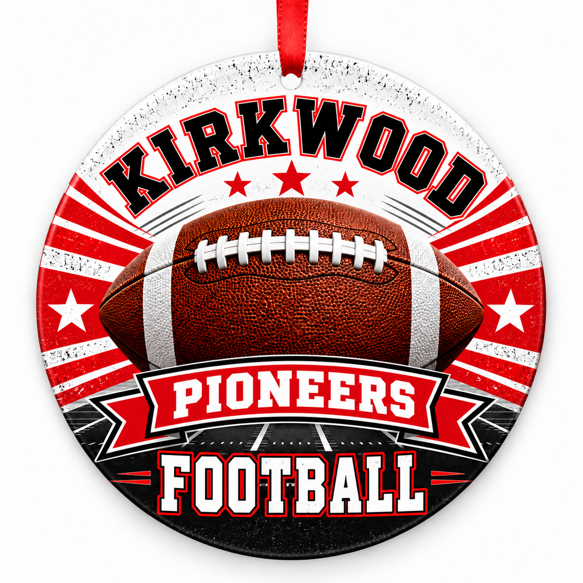 Kirkwood High School Pioneers Classic Football Christmas ornament in red and white with red ribbon
