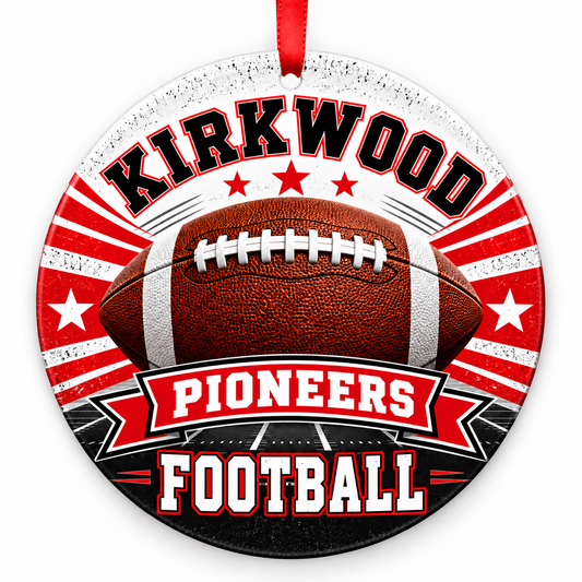 Kirkwood High School Pioneers Classic Football Christmas ornament in red and white with red ribbon