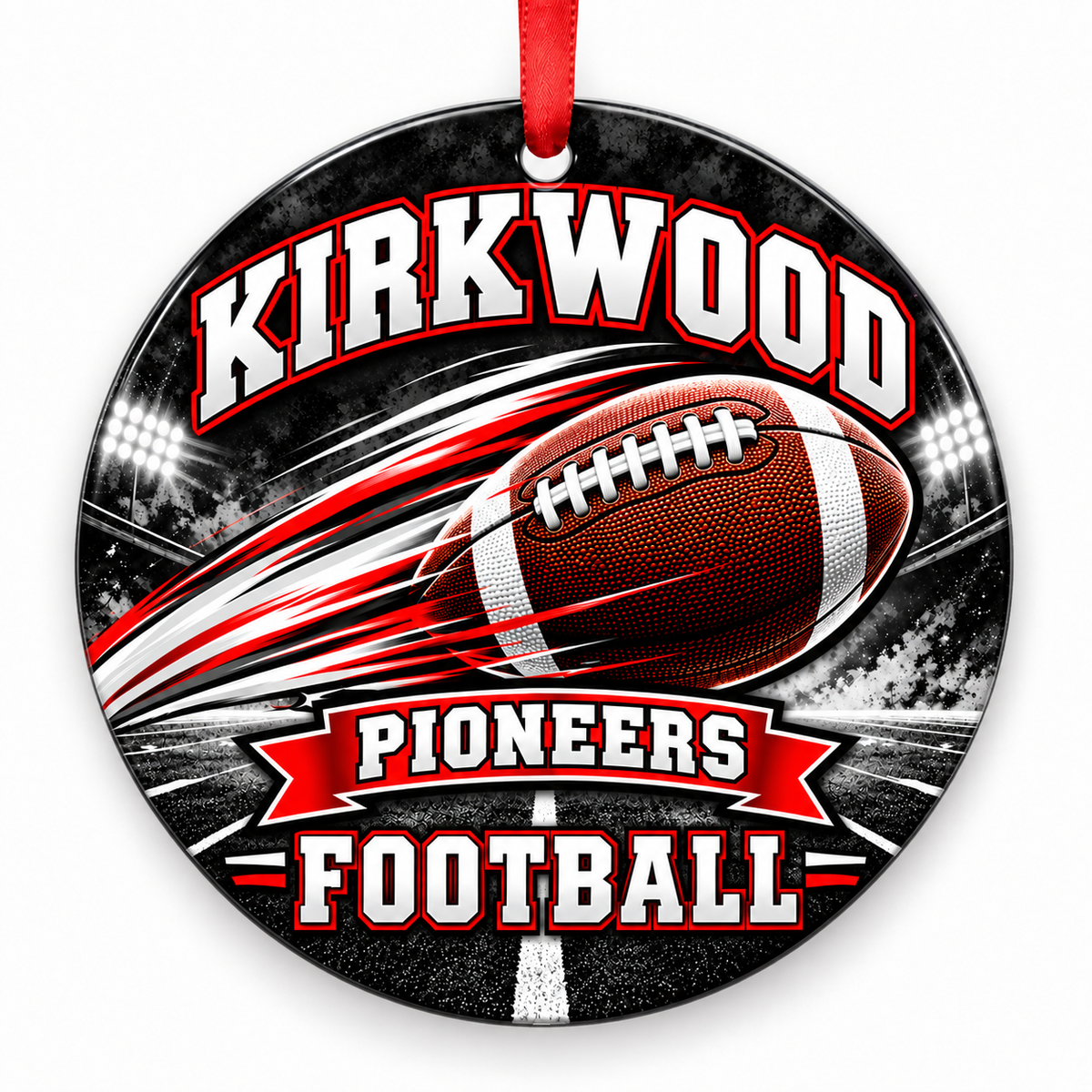 Kirkwood High School Pioneers Football Christmas ornament — Football in Motion — red and white with red ribbon