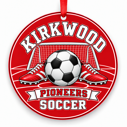 Kirkwood High School Pioneers Soccer Christmas ornament — Original Design — red and white with red ribbon