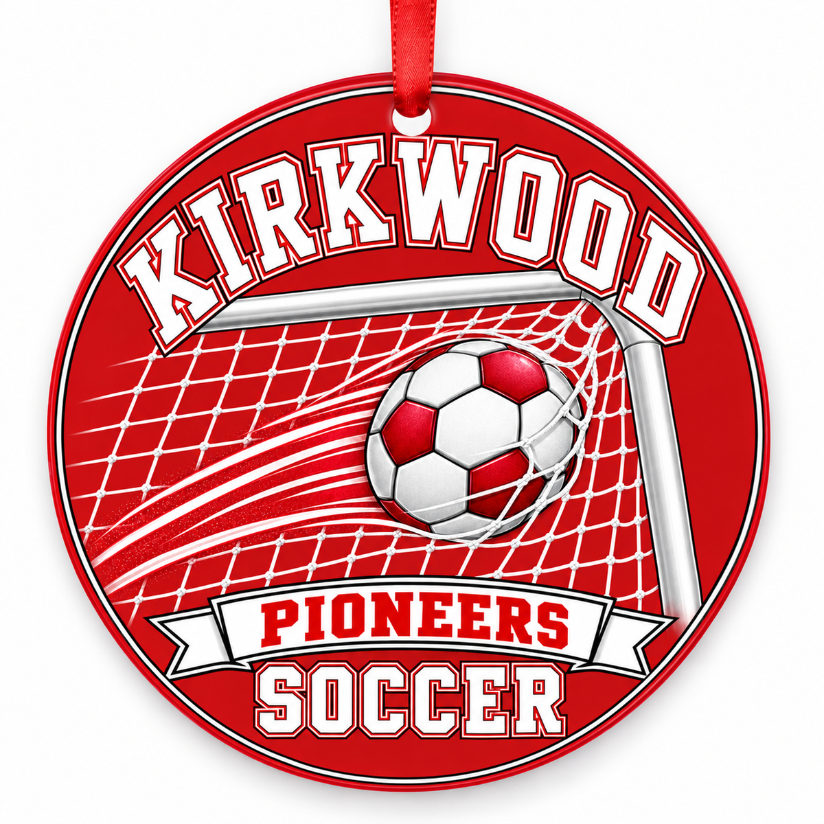 Kirkwood High School Pioneers Soccer Christmas ornament — Ball and Goal — red and white with red ribbon