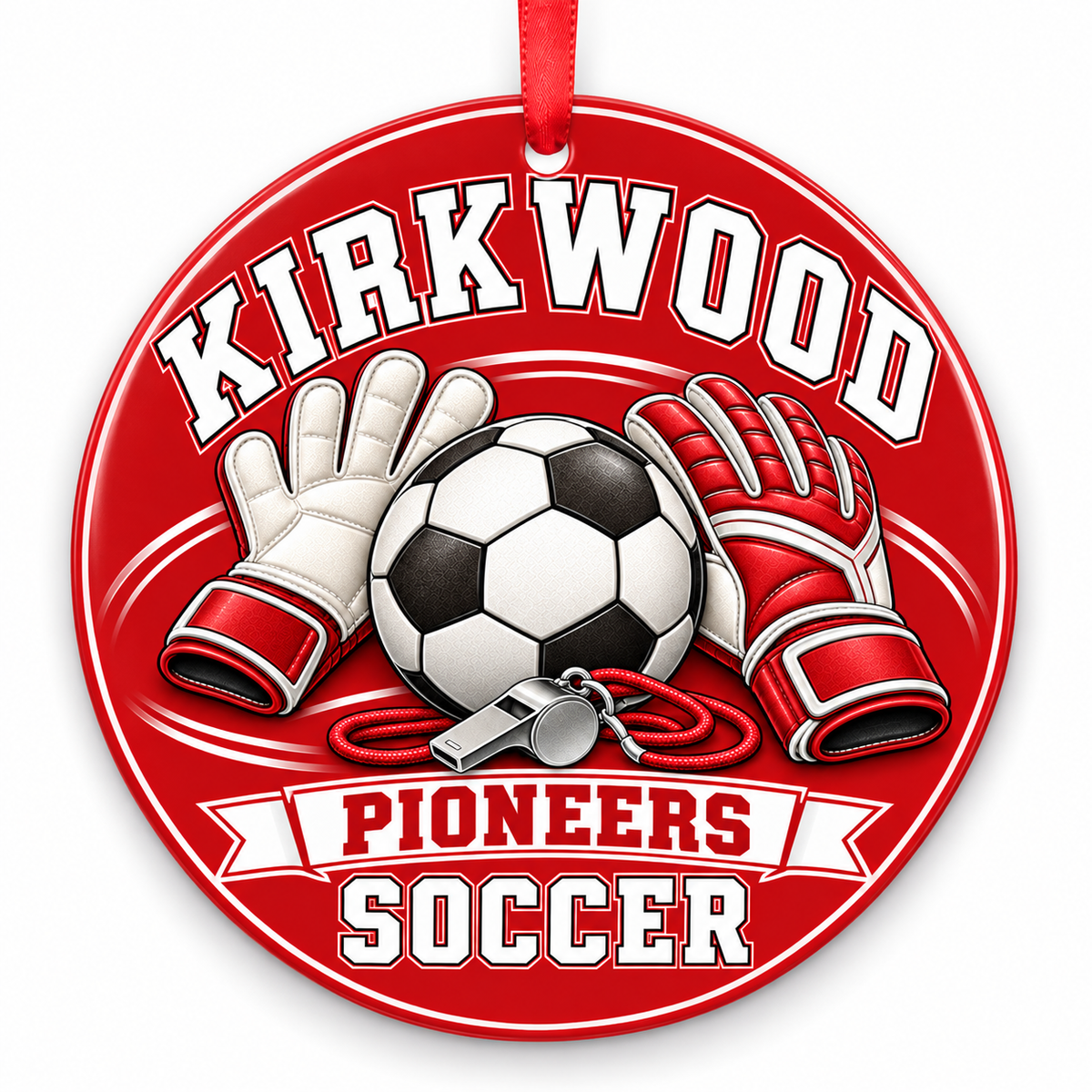 Kirkwood High School Pioneers Soccer Christmas ornament — Goalkeeper Gear — red and white with red ribbon