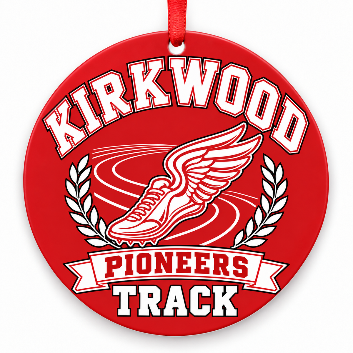Kirkwood High School Pioneers Track Christmas ornament — Original Design — red and white with red ribbon