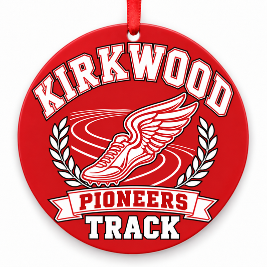 Kirkwood High School Pioneers Track Christmas ornament — Original Design — red and white with red ribbon