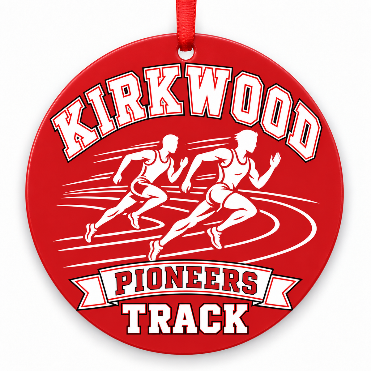 Kirkwood High School Pioneers Track Christmas ornament — Runners — red and white with red ribbon