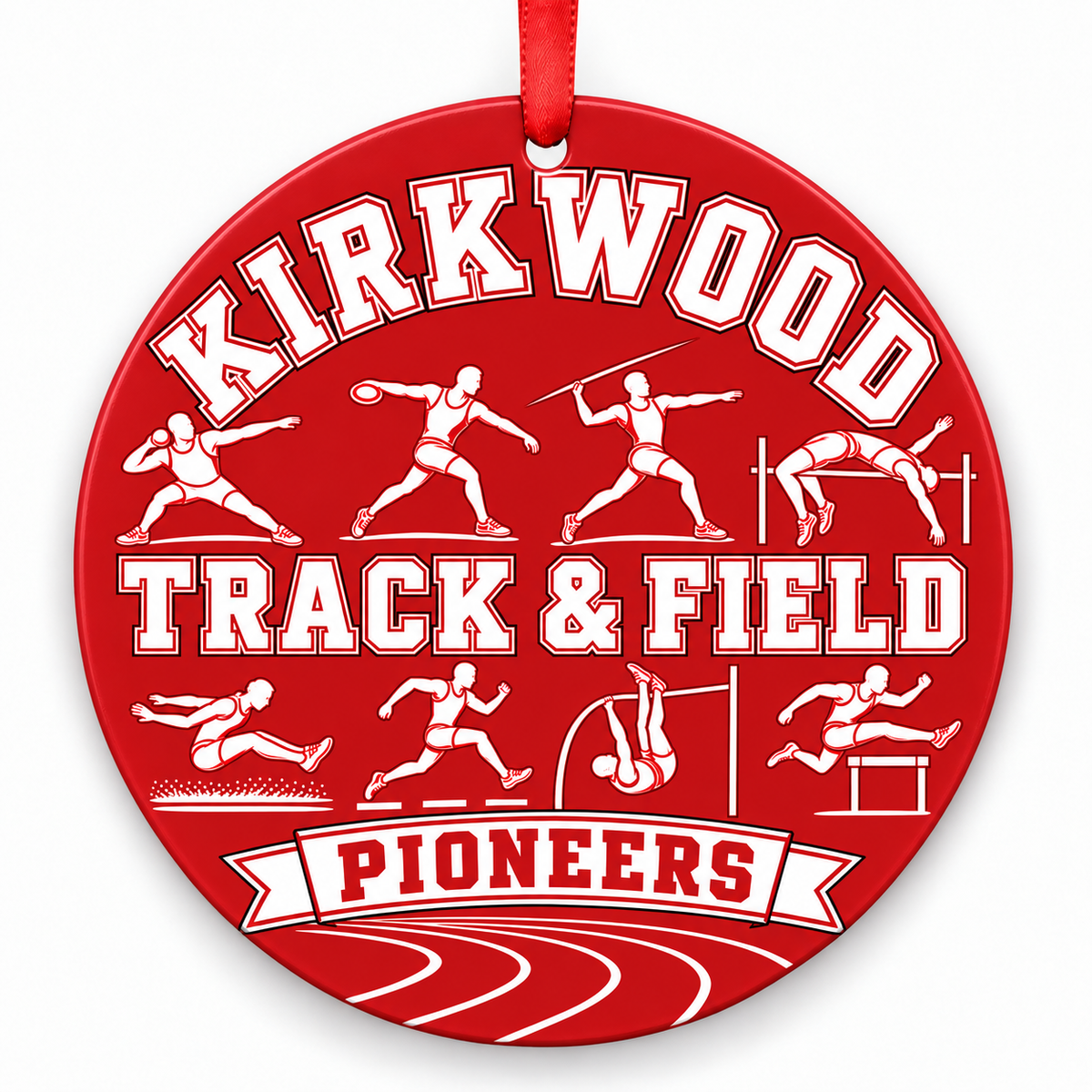 Kirkwood High School Pioneers Track Christmas ornament — Track and Field — red and white with red ribbon
