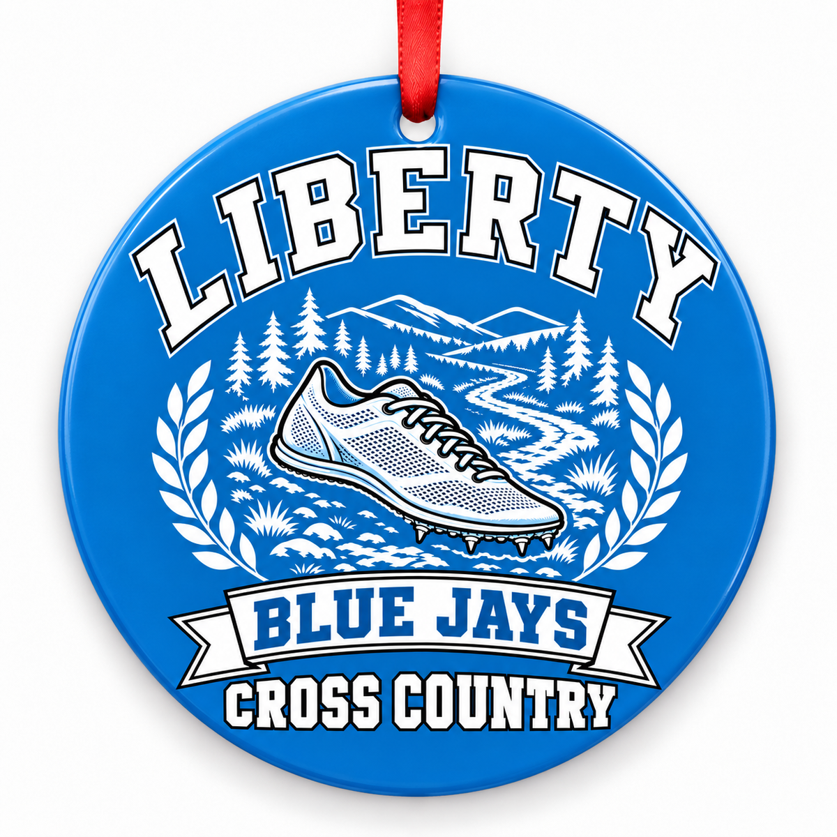 Liberty High School Blue Jays Cross Country Christmas ornament — Design 1 — blue, white and black with red ribbon