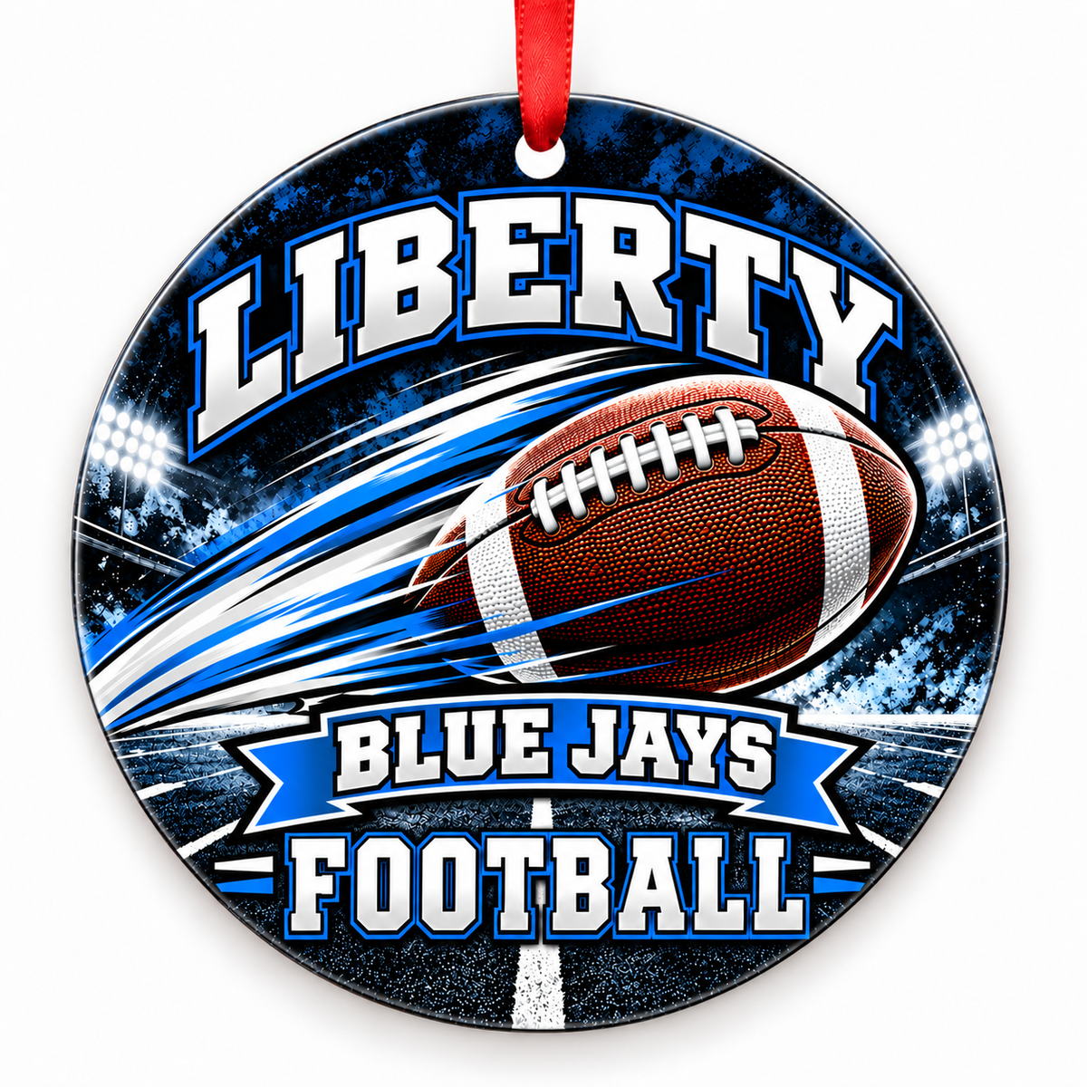 Liberty High School Blue Jays Football Christmas ornament — Football in Motion — blue, white and black with red ribbon