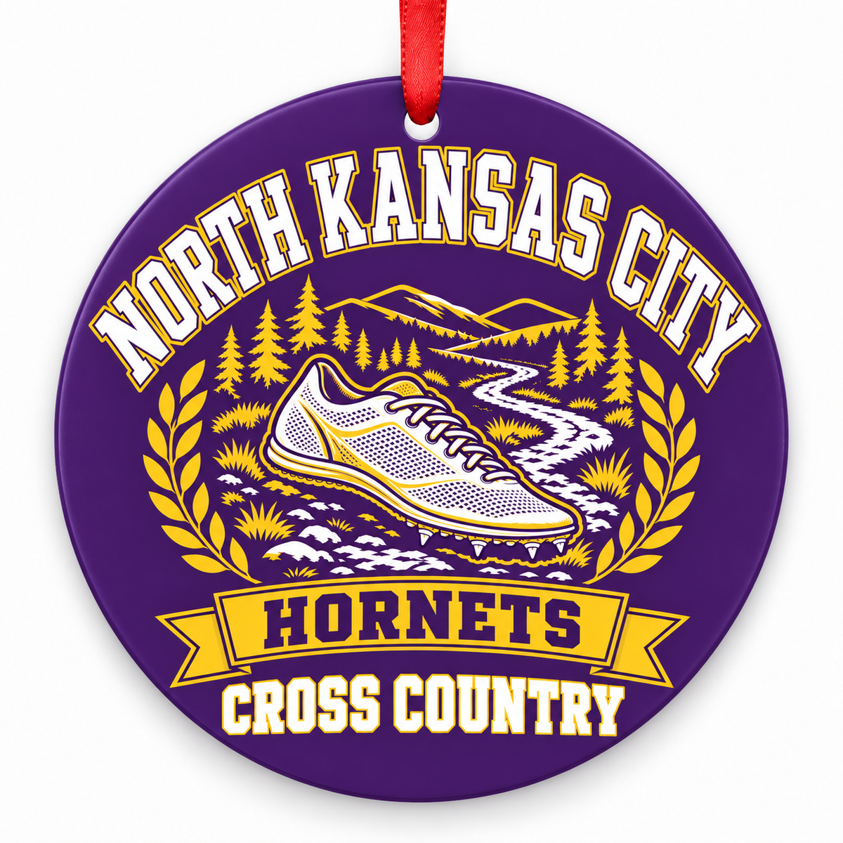 North Kansas City High School Hornets Cross Country Christmas ornament — Design 1 — purple and gold with red ribbon