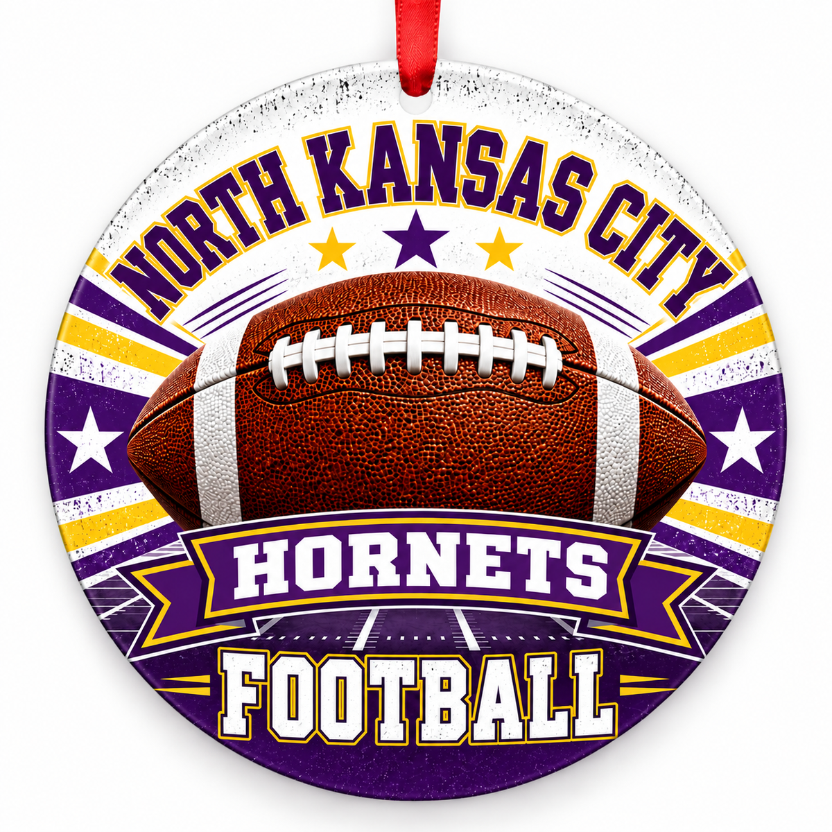 North Kansas City High School Hornets Classic Football Christmas ornament in purple and gold with red ribbon