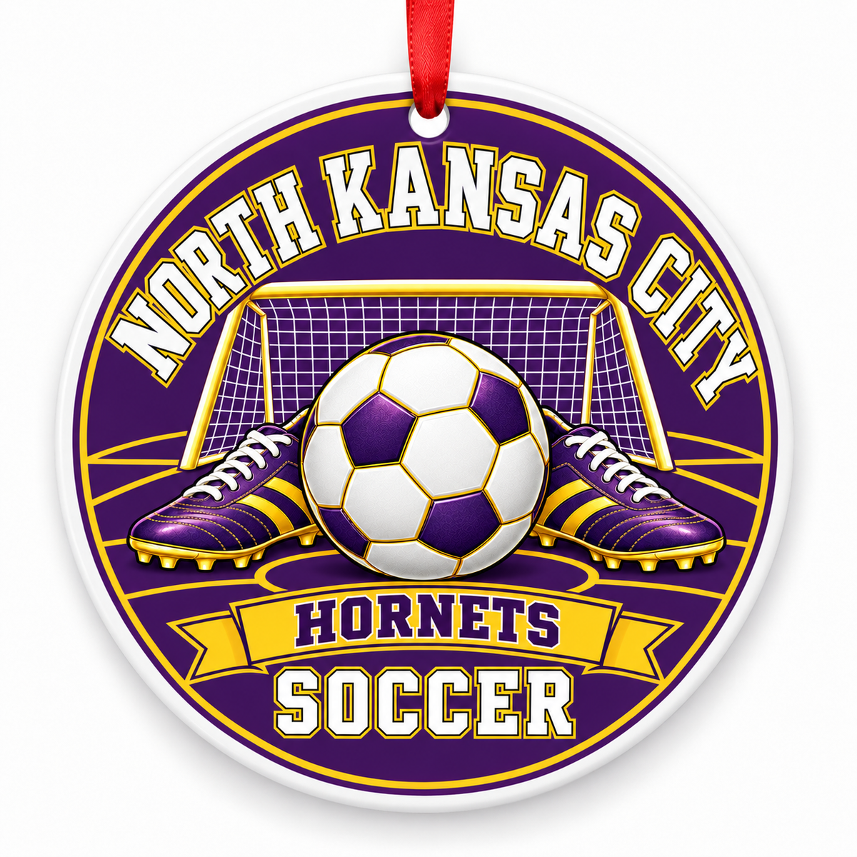 North Kansas City High School Hornets Soccer Christmas ornament — Original Design — purple and gold with red ribbon