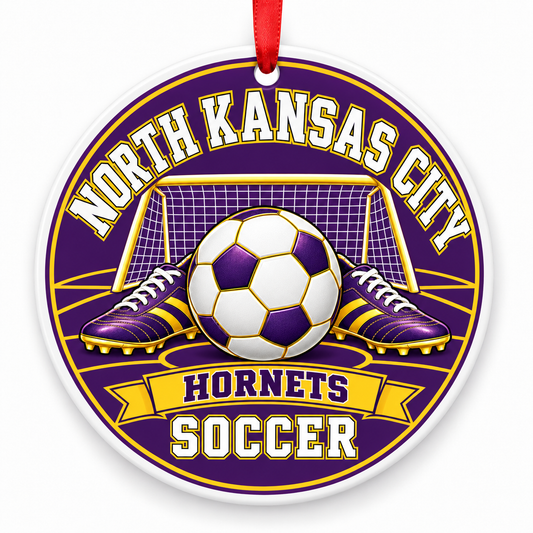 North Kansas City High School Hornets Soccer Christmas ornament — Original Design — purple and gold with red ribbon