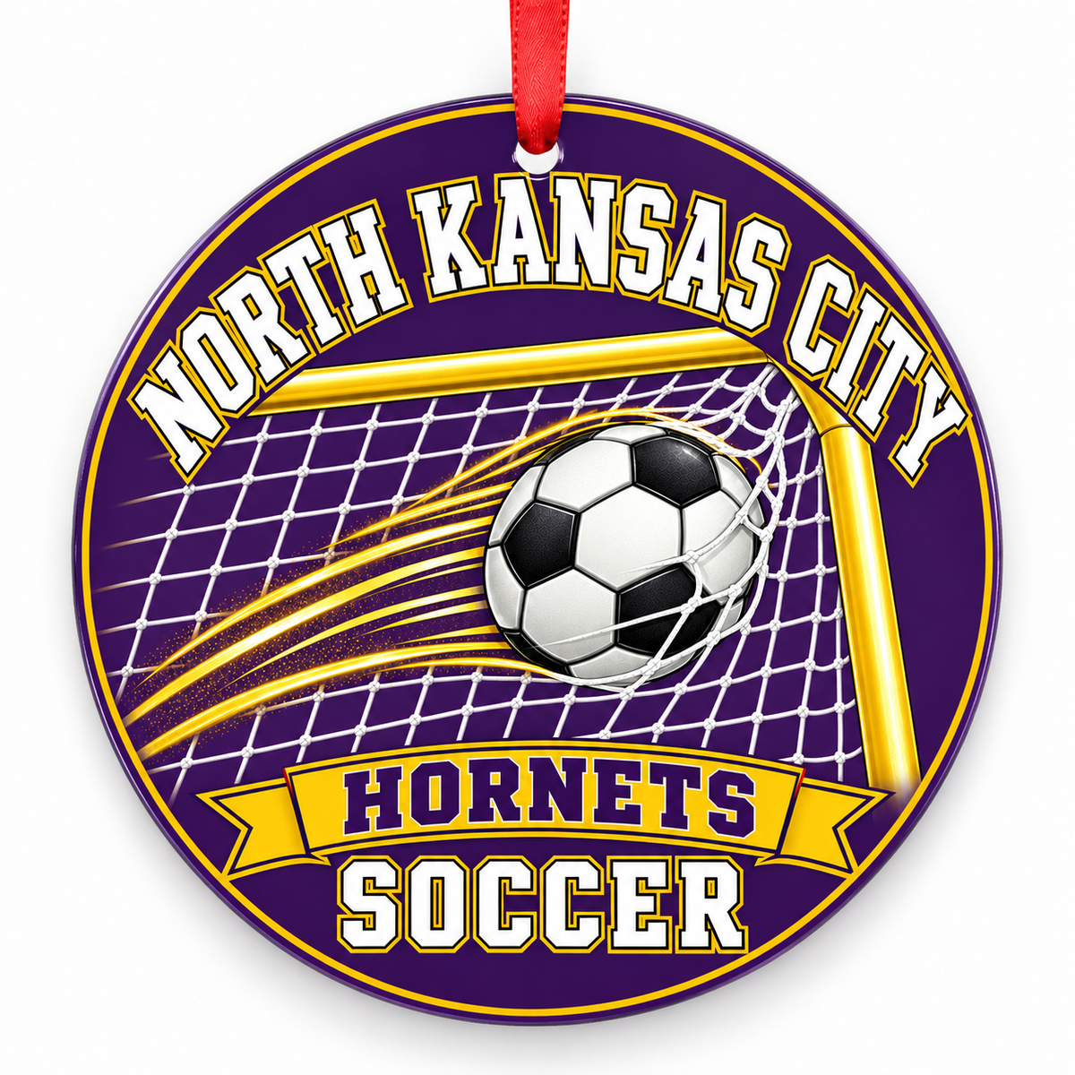 North Kansas City High School Hornets Soccer Christmas ornament — Ball and Goal — purple and gold with red ribbon