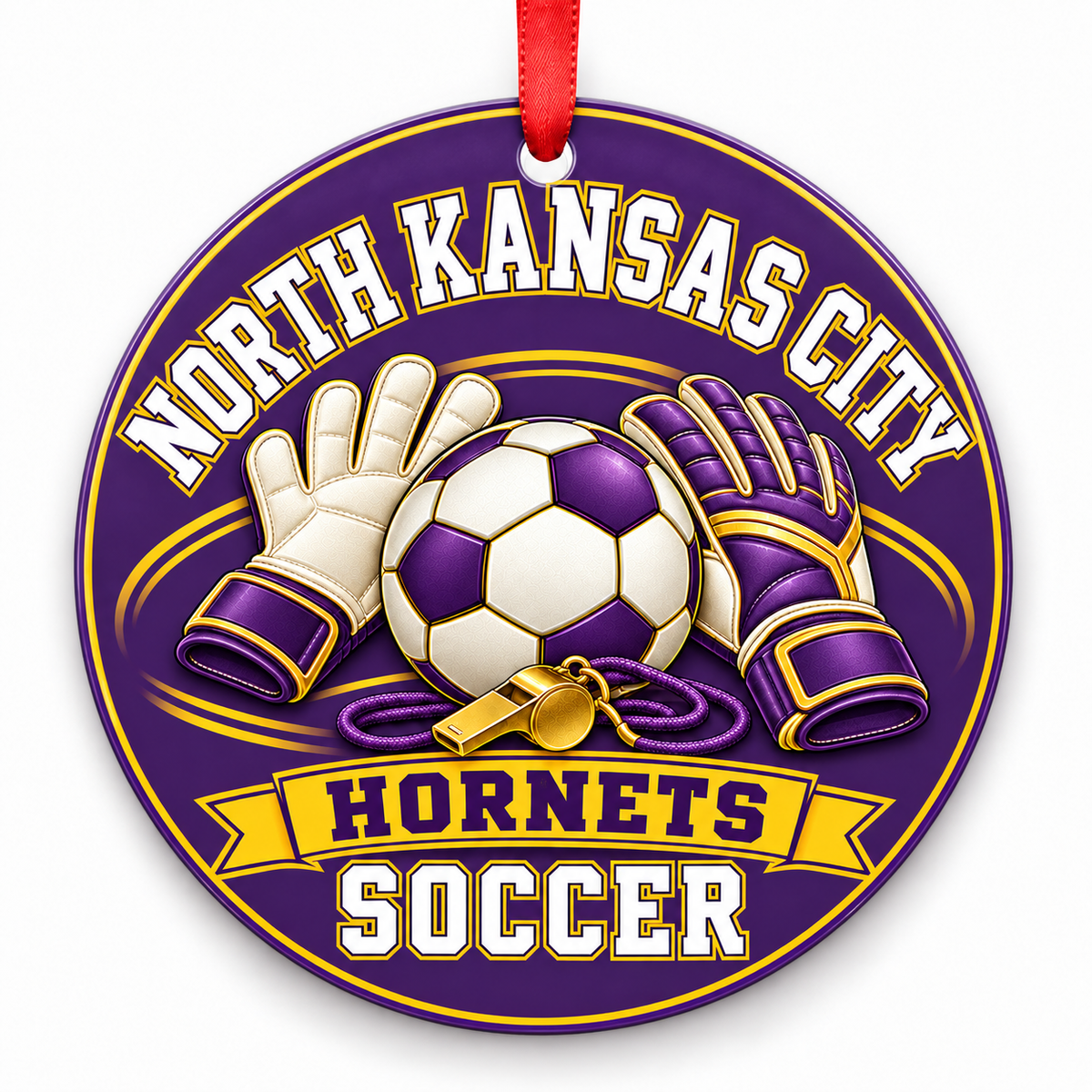 North Kansas City High School Hornets Soccer Christmas ornament — Goalkeeper Gear — purple and gold with red ribbon