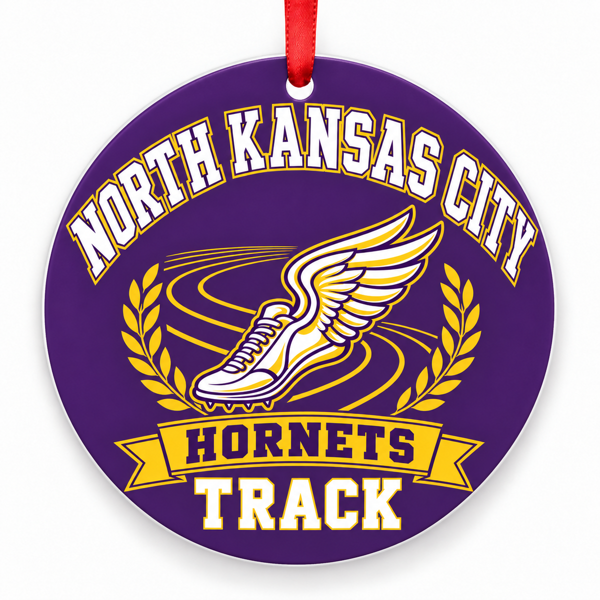 North Kansas City High School Hornets Track Christmas ornament — Original Design — purple and gold with red ribbon